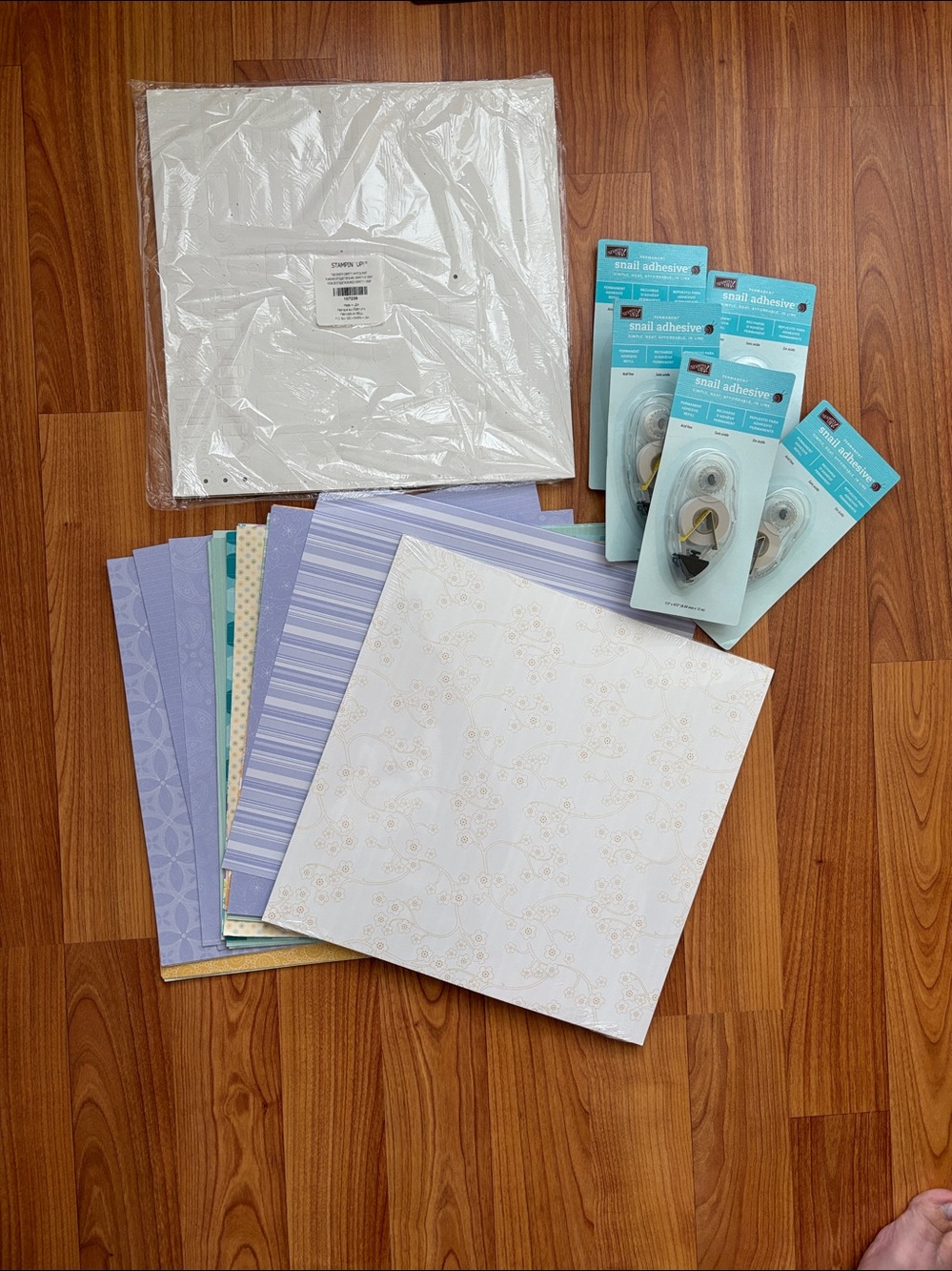 Stampin' Up! 12 x 12 patterned paper, confetti tags, and snail adhesive refills